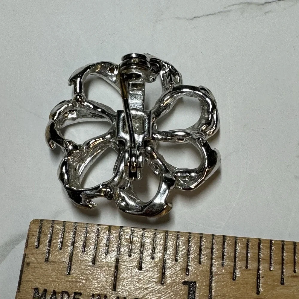 Lot Of 3 Vintage MCM Rhinestone Brooches Fish Flower Round Gold Silver Tone Pins